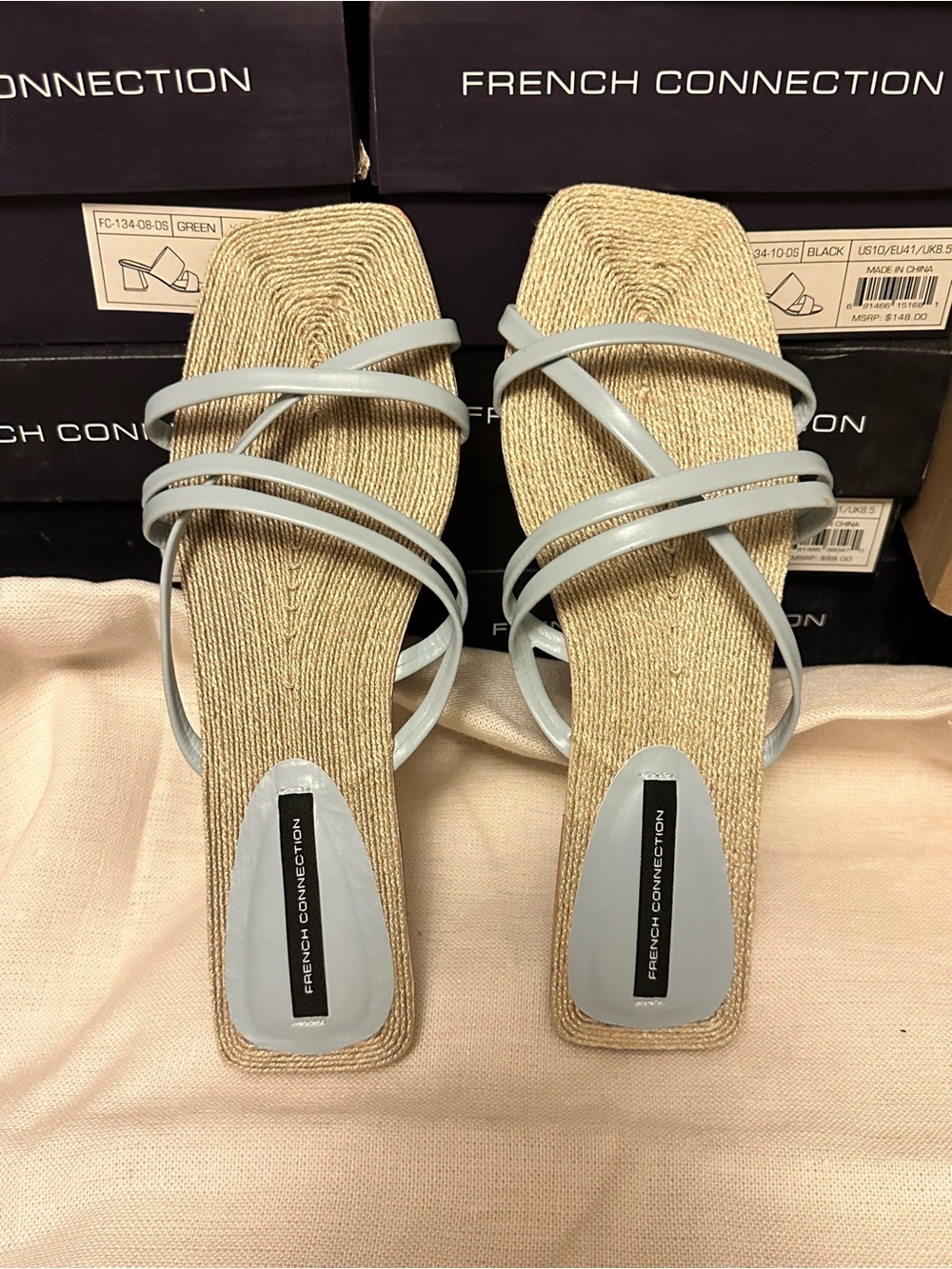 French Connection sandals featuring a beige woven espadrille sole
